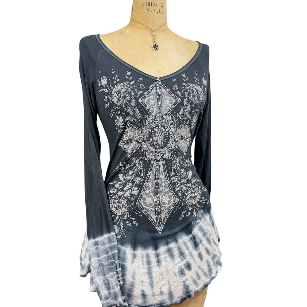 Y2K Vocal Grunge Rhinestone Tunic Tie Dye Hem Embellished Design Goth Edgy M
